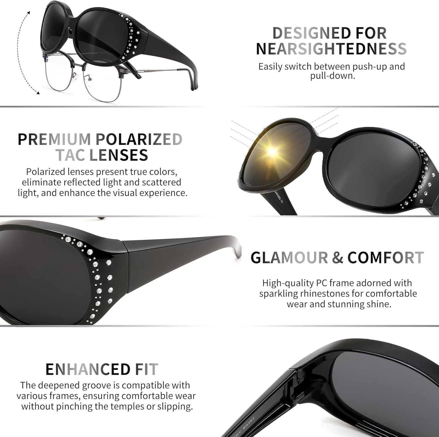 image:imageFEISEDY Womens Polarized WrapAround Fit Over Sunglasses with Rhinestones AntiGlare Driving Sun Glasses B0362BlackGrey