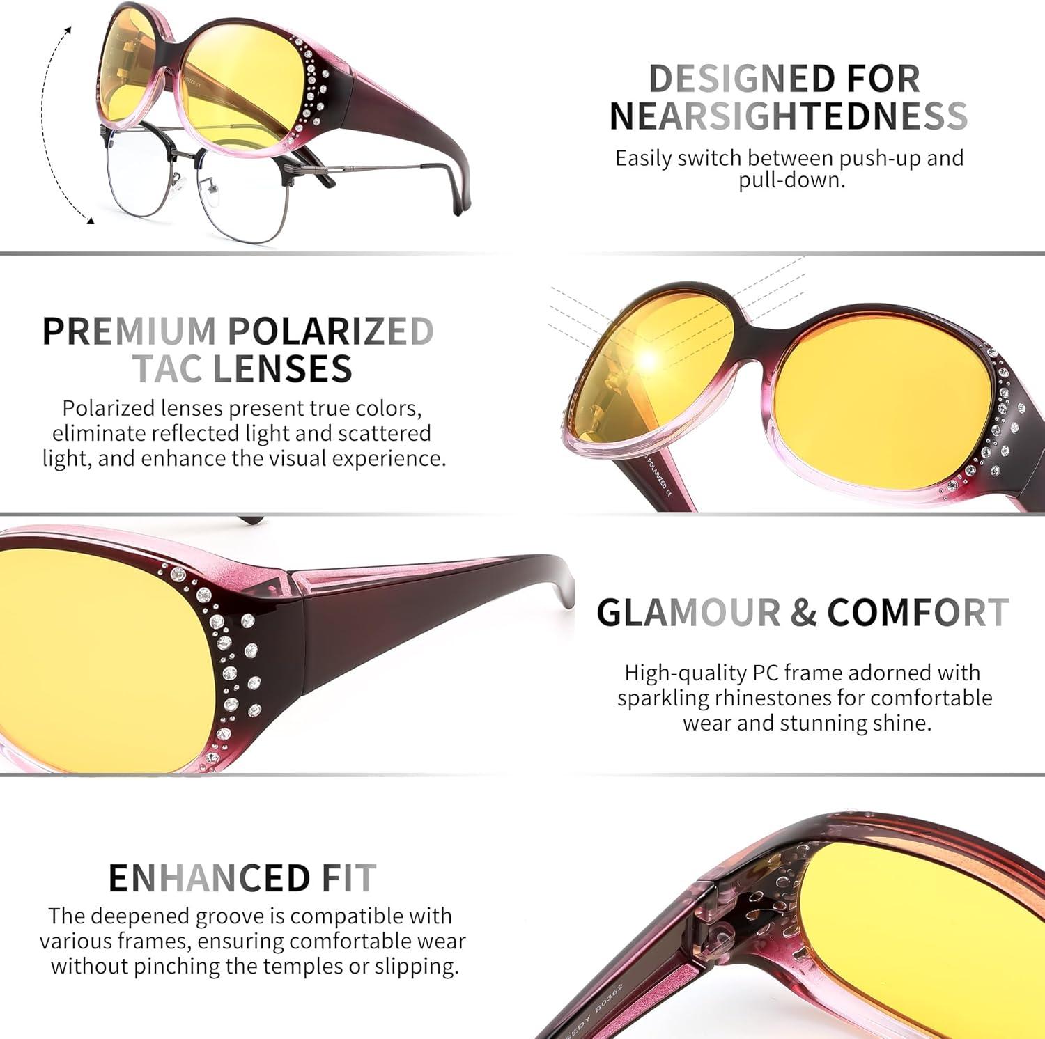 image:imageFEISEDY Womens Polarized WrapAround Fit Over Sunglasses with Rhinestones AntiGlare Driving Sun Glasses B0362Gradual PurpleBlack