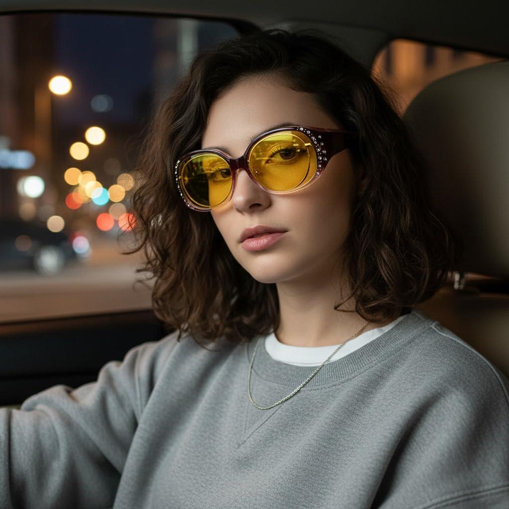image:imageFEISEDY Womens Polarized WrapAround Fit Over Sunglasses with Rhinestones AntiGlare Driving Sun Glasses B0362Gradual PurpleBlack