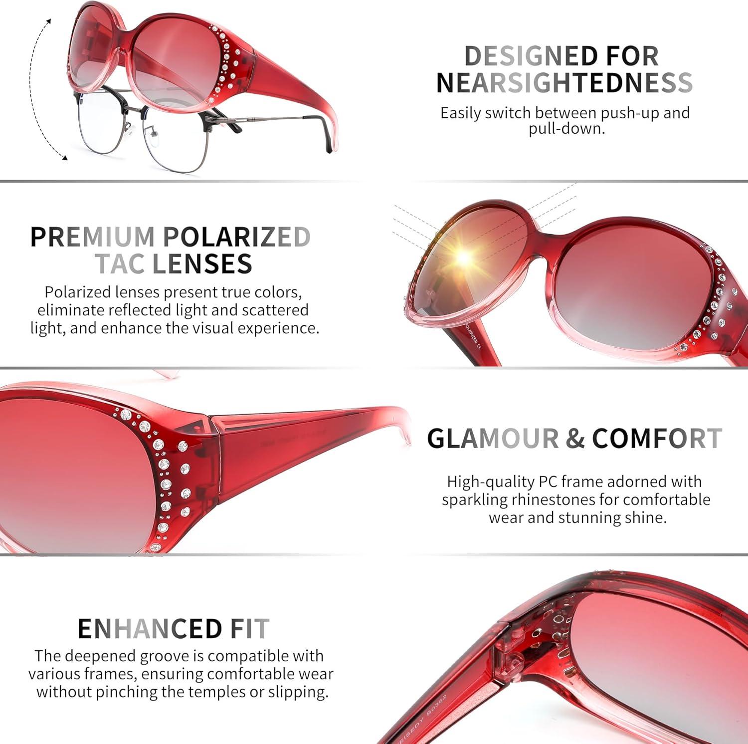 image:imageFEISEDY Womens Polarized WrapAround Fit Over Sunglasses with Rhinestones AntiGlare Driving Sun Glasses B0362Gradual Wine RedGradual Red