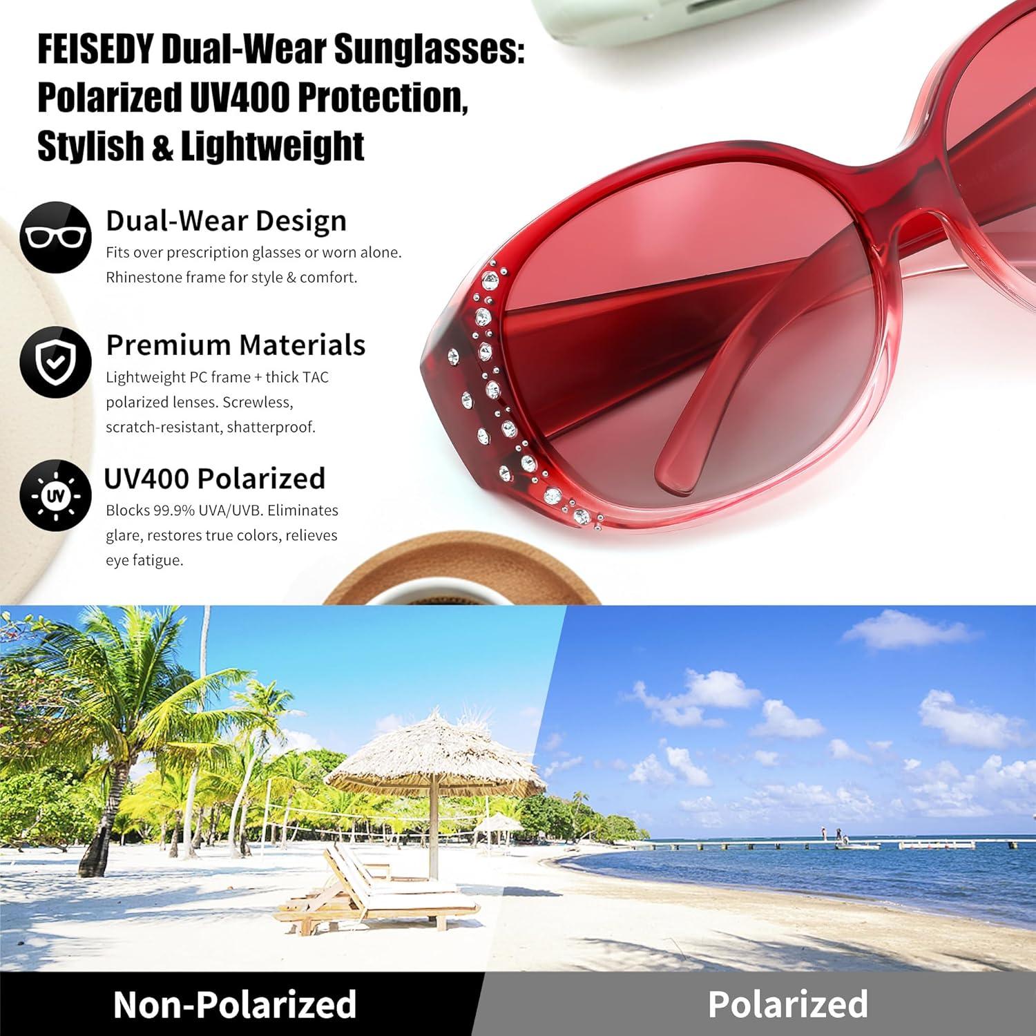 image:imageFEISEDY Womens Polarized WrapAround Fit Over Sunglasses with Rhinestones AntiGlare Driving Sun Glasses B0362Gradual Wine RedGradual Red