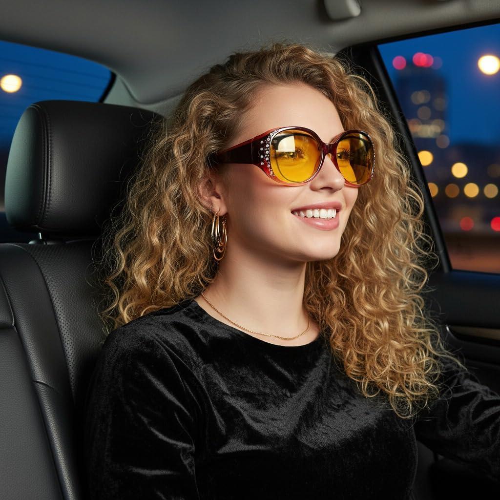 image:imageFEISEDY Womens Polarized WrapAround Fit Over Sunglasses with Rhinestones AntiGlare Driving Sun Glasses B0362Gradual Wine RedYellow