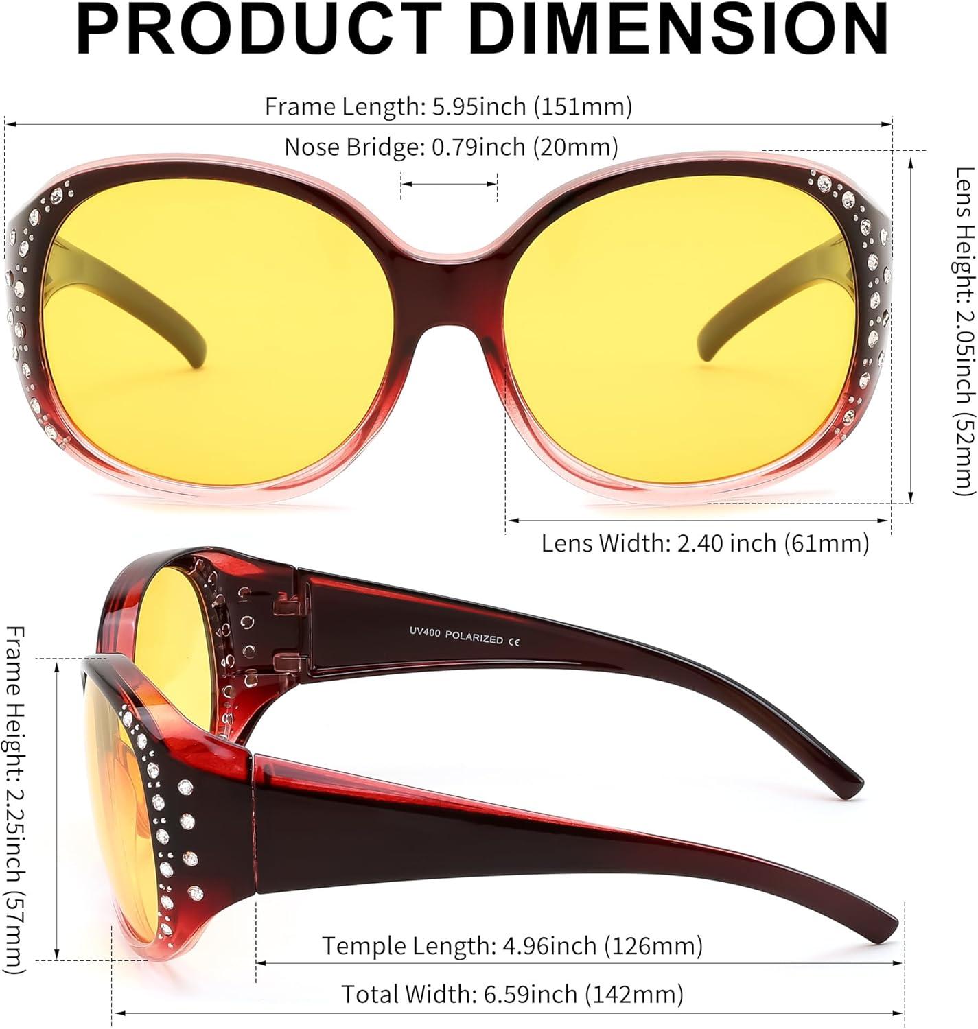 image:imageFEISEDY Womens Polarized WrapAround Fit Over Sunglasses with Rhinestones AntiGlare Driving Sun Glasses B0362Gradual Wine RedYellow
