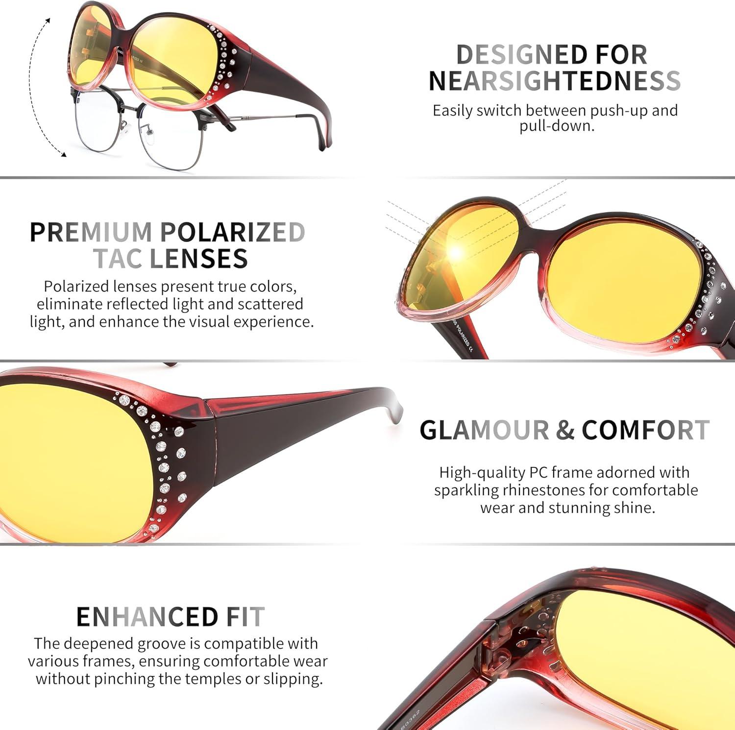 image:imageFEISEDY Womens Polarized WrapAround Fit Over Sunglasses with Rhinestones AntiGlare Driving Sun Glasses B0362Gradual Wine RedYellow
