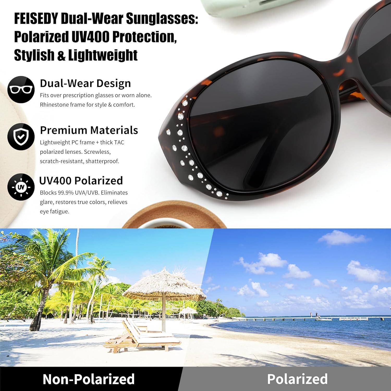 image:imageFEISEDY Womens Polarized WrapAround Fit Over Sunglasses with Rhinestones AntiGlare Driving Sun Glasses B0362TortoiseGradient Brown
