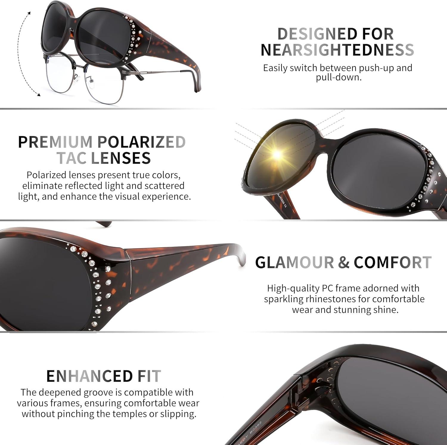 image:imageFEISEDY Womens Polarized WrapAround Fit Over Sunglasses with Rhinestones AntiGlare Driving Sun Glasses B0362TortoiseGradient Brown