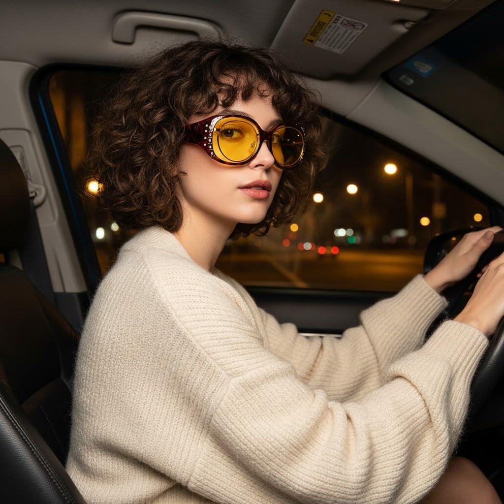 image:imageFEISEDY Womens Polarized WrapAround Fit Over Sunglasses with Rhinestones AntiGlare Driving Sun Glasses B0362TortoiseYellow