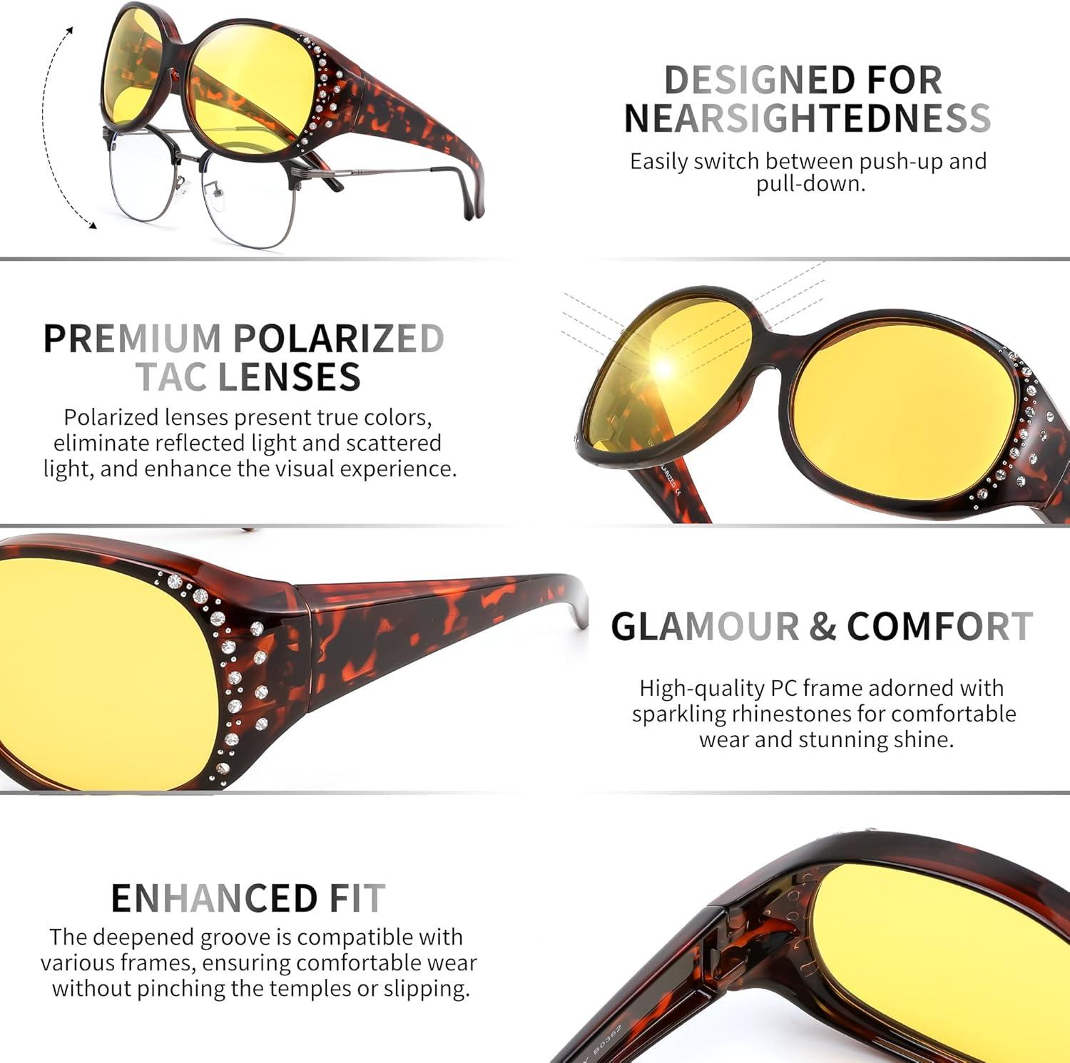 image:imageFEISEDY Womens Polarized WrapAround Fit Over Sunglasses with Rhinestones AntiGlare Driving Sun Glasses B0362TortoiseYellow