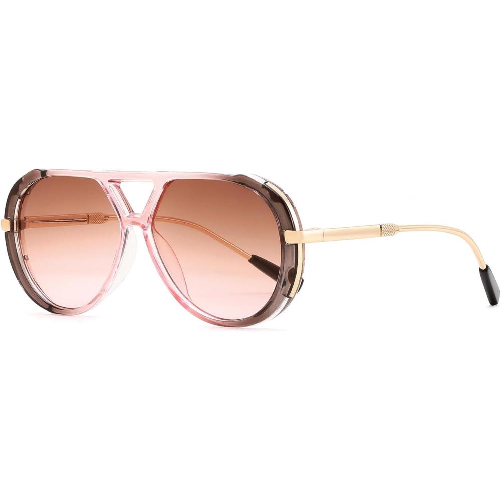 image:imageFEISEDY Retro Aviator Sunglasses for Women Men Vintage Trendy Metal 70s Aviators Sun Glasses B0405Grey Pink Frame Gradient Brown Lens