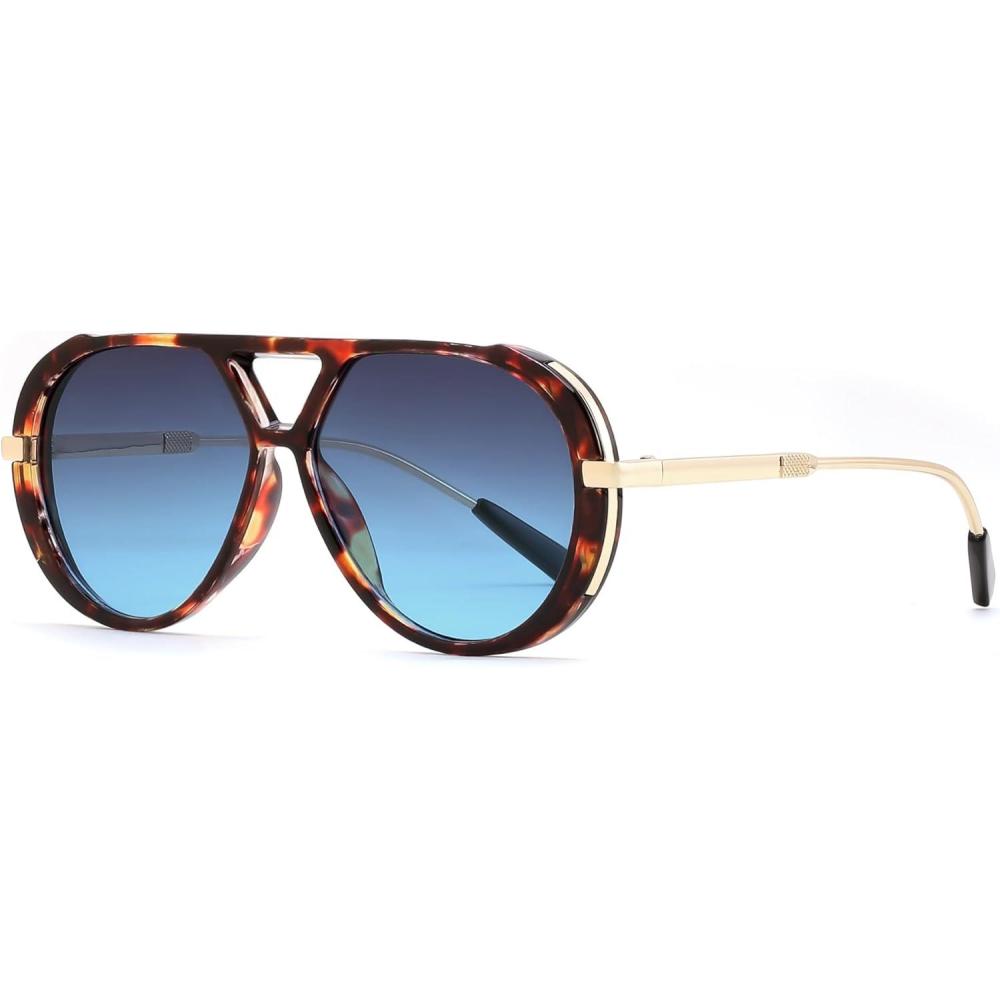 image:imageFEISEDY Retro Aviator Sunglasses for Women Men Vintage Trendy Metal 70s Aviators Sun Glasses B0405Tortoise Frame Blue Lens