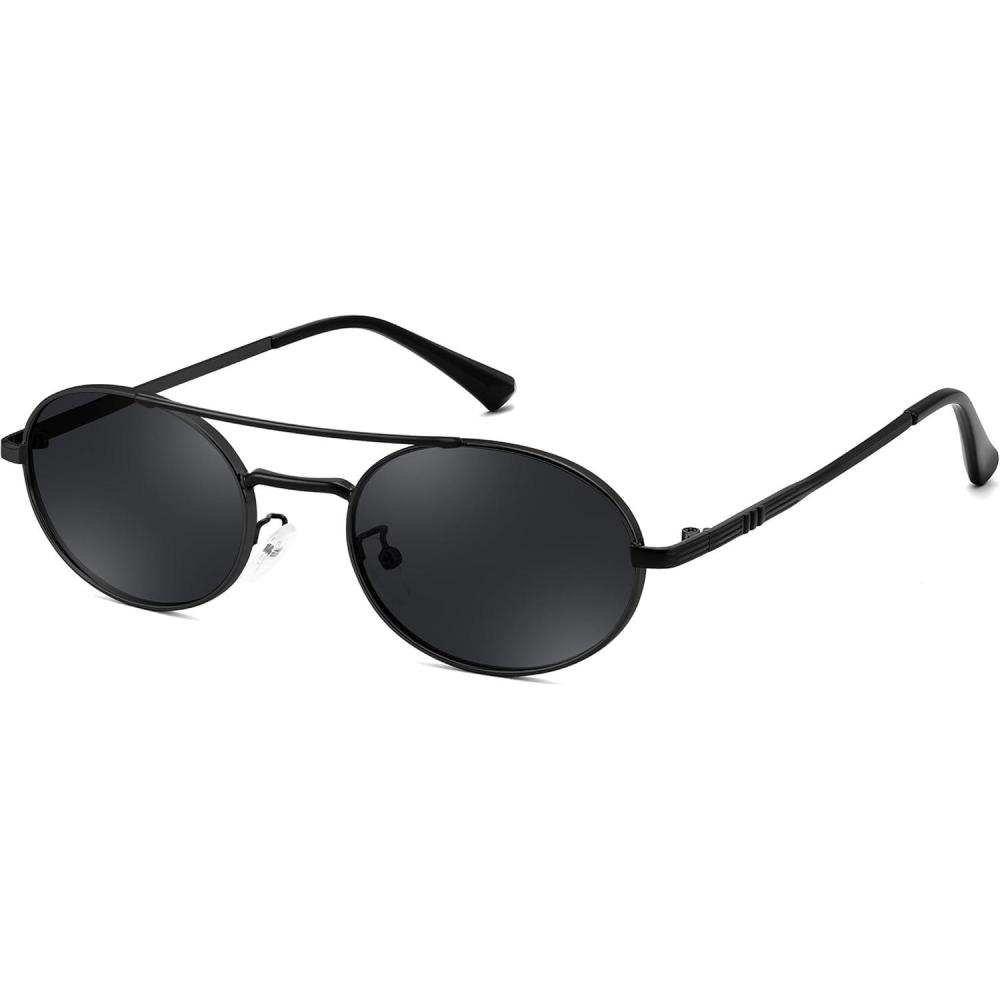 image:imageFEISEDY Retro Oval 90s Metal Sunglasses for Women Trendy Narrow Sun Glasses Fashion Shades B4183Black FrameGrey Lens