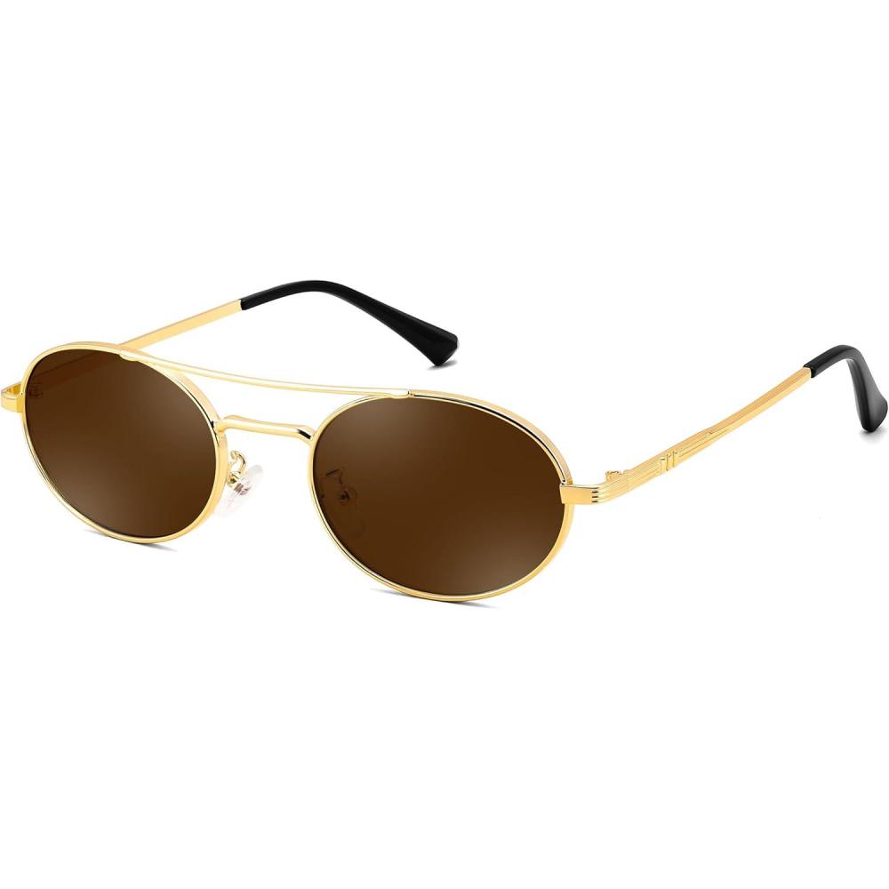 image:imageFEISEDY Retro Oval 90s Metal Sunglasses for Women Trendy Narrow Sun Glasses Fashion Shades B4183Gold FrameBrown Lens
