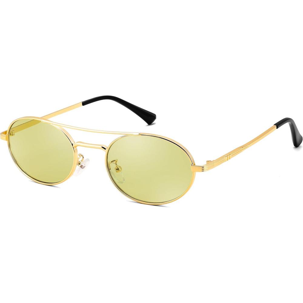 image:imageFEISEDY Retro Oval 90s Metal Sunglasses for Women Trendy Narrow Sun Glasses Fashion Shades B4183Gold FrameGreen Lens
