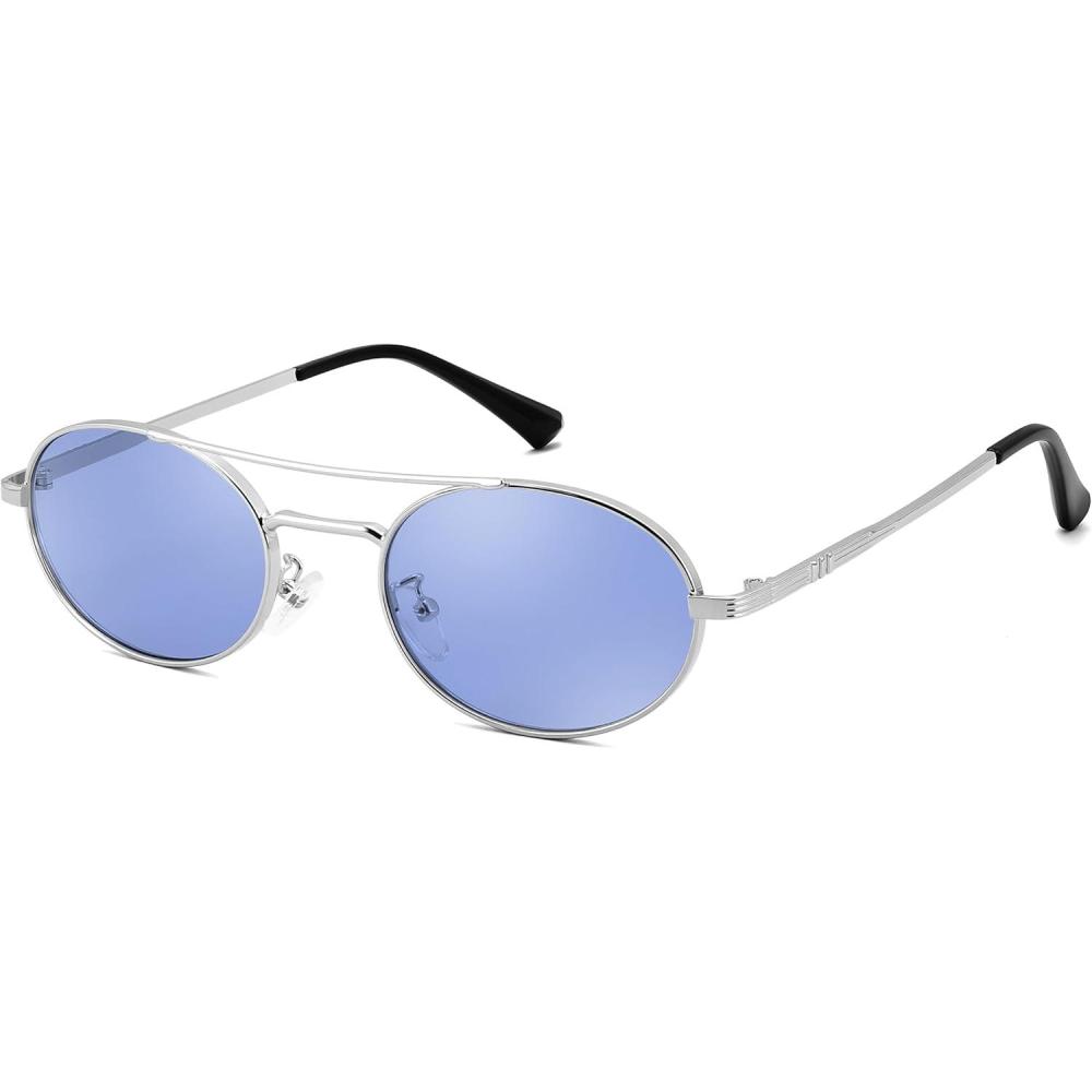 image:imageFEISEDY Retro Oval 90s Metal Sunglasses for Women Trendy Narrow Sun Glasses Fashion Shades B4183Sliver FrameBlue Lens