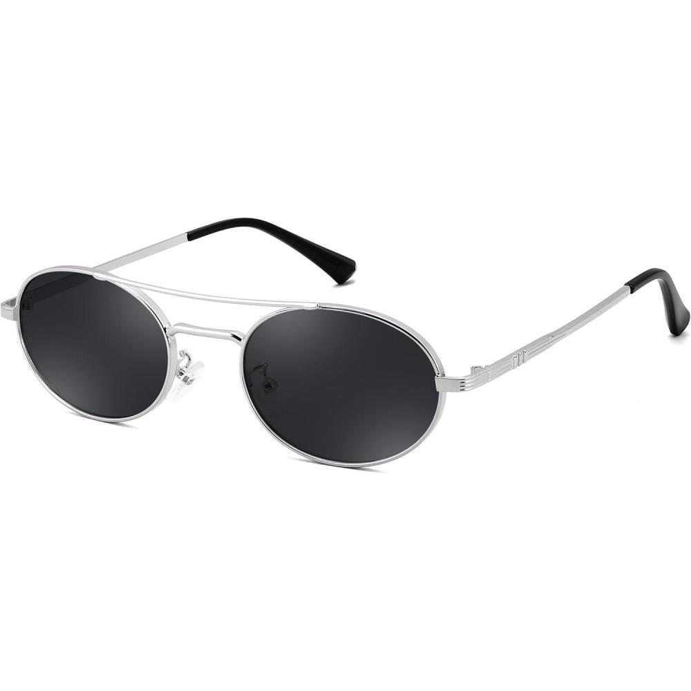 image:imageFEISEDY Retro Oval 90s Metal Sunglasses for Women Trendy Narrow Sun Glasses Fashion Shades B4183Sliver FrameGrey Lens