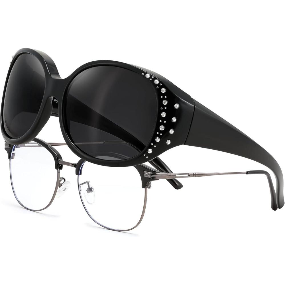 image:imageFEISEDY Womens Polarized WrapAround Fit Over Sunglasses with Rhinestones AntiGlare Driving Sun Glasses B0362BlackGrey