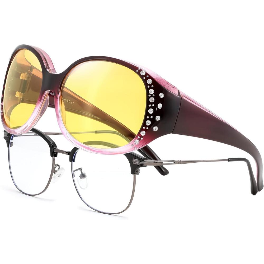 image:imageFEISEDY Womens Polarized WrapAround Fit Over Sunglasses with Rhinestones AntiGlare Driving Sun Glasses B0362Gradual PurpleBlack