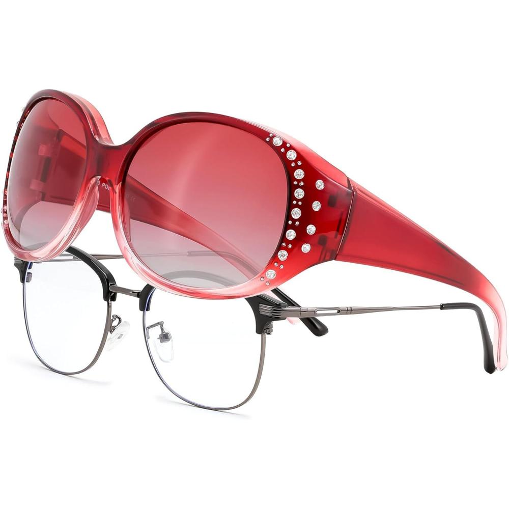 image:imageFEISEDY Womens Polarized WrapAround Fit Over Sunglasses with Rhinestones AntiGlare Driving Sun Glasses B0362Gradual Wine RedGradual Red