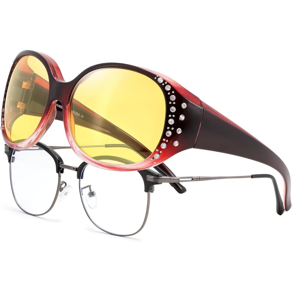 image:imageFEISEDY Womens Polarized WrapAround Fit Over Sunglasses with Rhinestones AntiGlare Driving Sun Glasses B0362Gradual Wine RedYellow