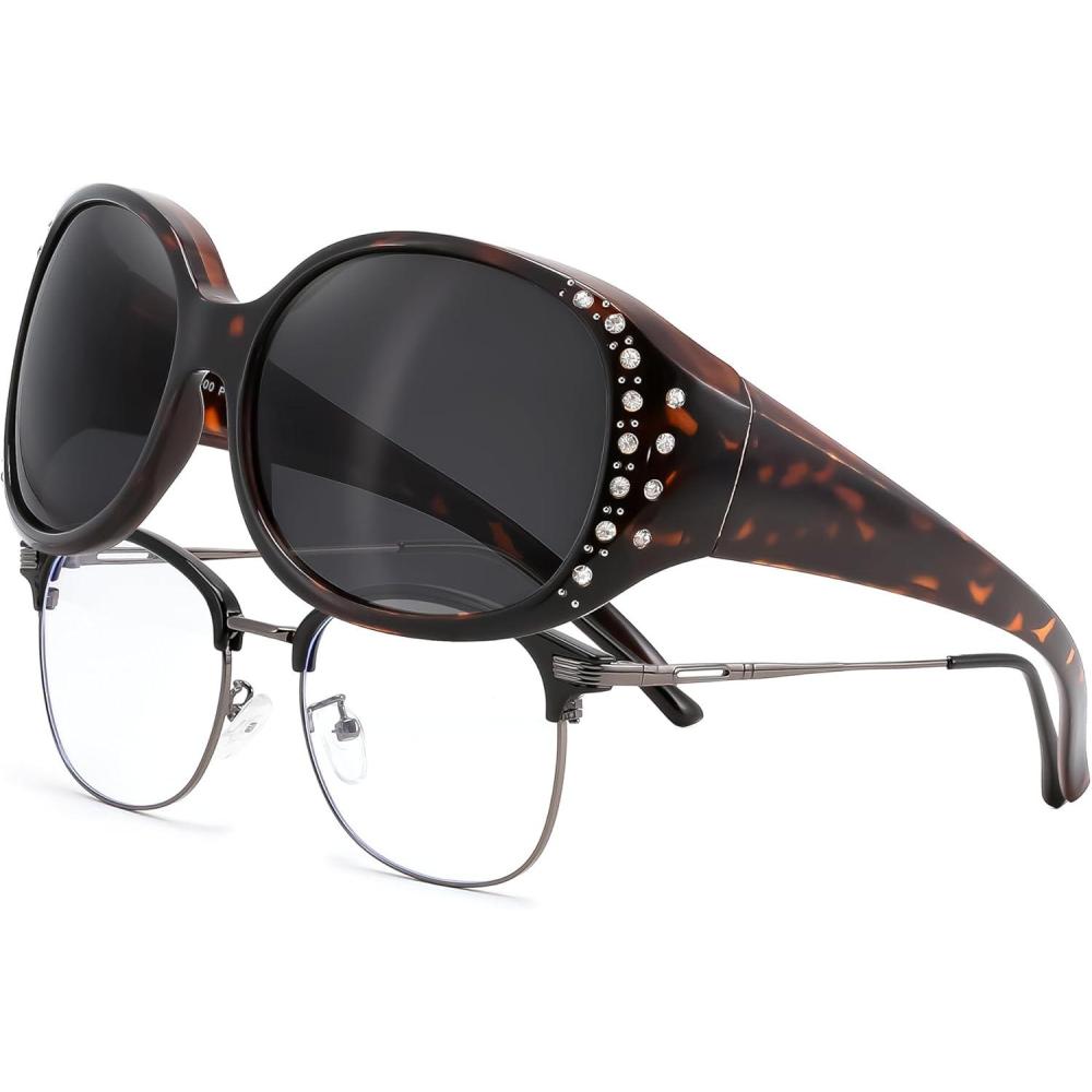 image:imageFEISEDY Womens Polarized WrapAround Fit Over Sunglasses with Rhinestones AntiGlare Driving Sun Glasses B0362TortoiseGradient Brown