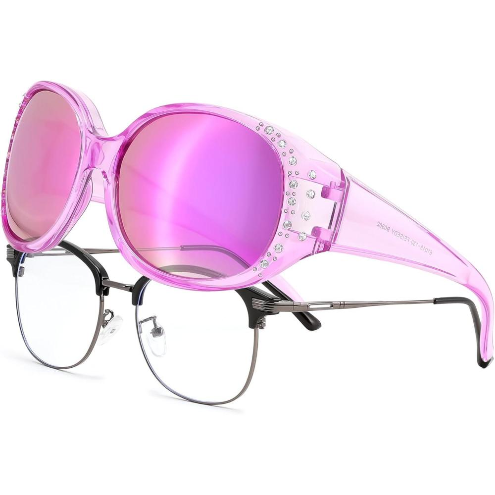 image:imageFEISEDY Womens Polarized WrapAround Fit Over Sunglasses with Rhinestones AntiGlare Driving Sun Glasses B0362Transparent PurplePurple Mirror