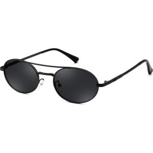 FEISEDY Retro Oval 90s Metal Sunglasses for Women, Trendy Narrow Sun Glasses Fashion Shades B4183(Black Frame/Grey Lens)