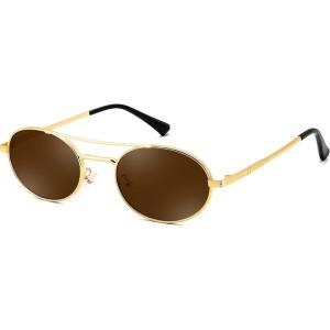 FEISEDY Retro Oval 90s Metal Sunglasses for Women, Trendy Narrow Sun Glasses Fashion Shades B4183(Gold Frame/Brown Lens)