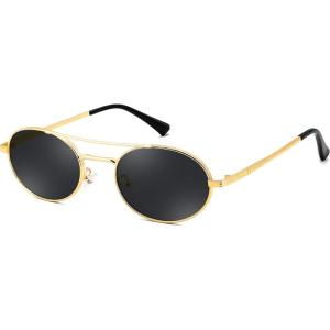 FEISEDY Retro Oval 90s Metal Sunglasses for Women, Trendy Narrow Sun Glasses Fashion Shades B4183(Gold Frame/Grey Lens)