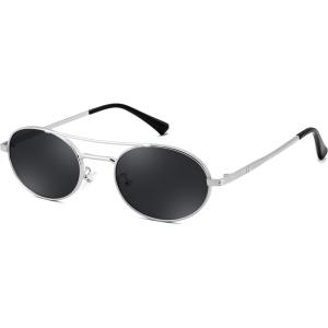 FEISEDY Retro Oval 90s Metal Sunglasses for Women, Trendy Narrow Sun Glasses Fashion Shades B4183(Sliver Frame/Grey Lens)