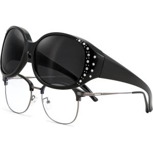 FEISEDY Women’s Polarized Wrap-Around Fit Over Sunglasses with Rhinestones, Anti-Glare Driving Sun Glasses B0362(Black/Grey)
