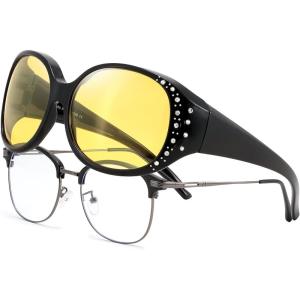 FEISEDY Women’s Polarized Wrap-Around Fit Over Sunglasses with Rhinestones, Anti-Glare Driving Sun Glasses B0362(Black/Yellow)