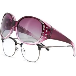FEISEDY Women’s Polarized Wrap-Around Fit Over Sunglasses with Rhinestones, Anti-Glare Driving Sun Glasses B0362(Gradual Purple/Gradual Purple)