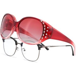 FEISEDY Women’s Polarized Wrap-Around Fit Over Sunglasses with Rhinestones, Anti-Glare Driving Sun Glasses B0362(Gradual Wine Red/Gradual Red)