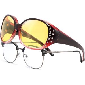 FEISEDY Women’s Polarized Wrap-Around Fit Over Sunglasses with Rhinestones, Anti-Glare Driving Sun Glasses B0362(Gradual Wine Red/Yellow)