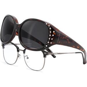 FEISEDY Women’s Polarized Wrap-Around Fit Over Sunglasses with Rhinestones, Anti-Glare Driving Sun Glasses B0362(Tortoise/Gradient Brown)