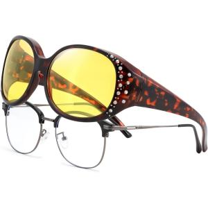 FEISEDY Women’s Polarized Wrap-Around Fit Over Sunglasses with Rhinestones, Anti-Glare Driving Sun Glasses B0362(Tortoise/Yellow)