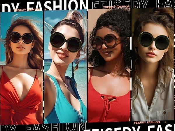 image:imageFEISEDY Oval Oversized Trendy Sunglasses Women Men Stylish Retro Big Frame Vacation Sun Glasees UV400 Protection B0017004black Yellow