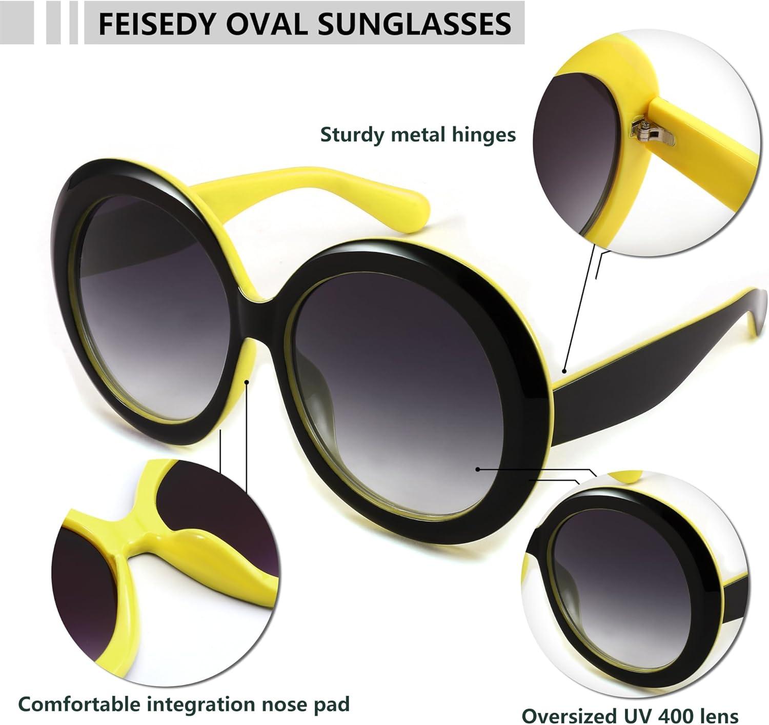 image:imageFEISEDY Oval Oversized Trendy Sunglasses Women Men Stylish Retro Big Frame Vacation Sun Glasees UV400 Protection B0017004black Yellow