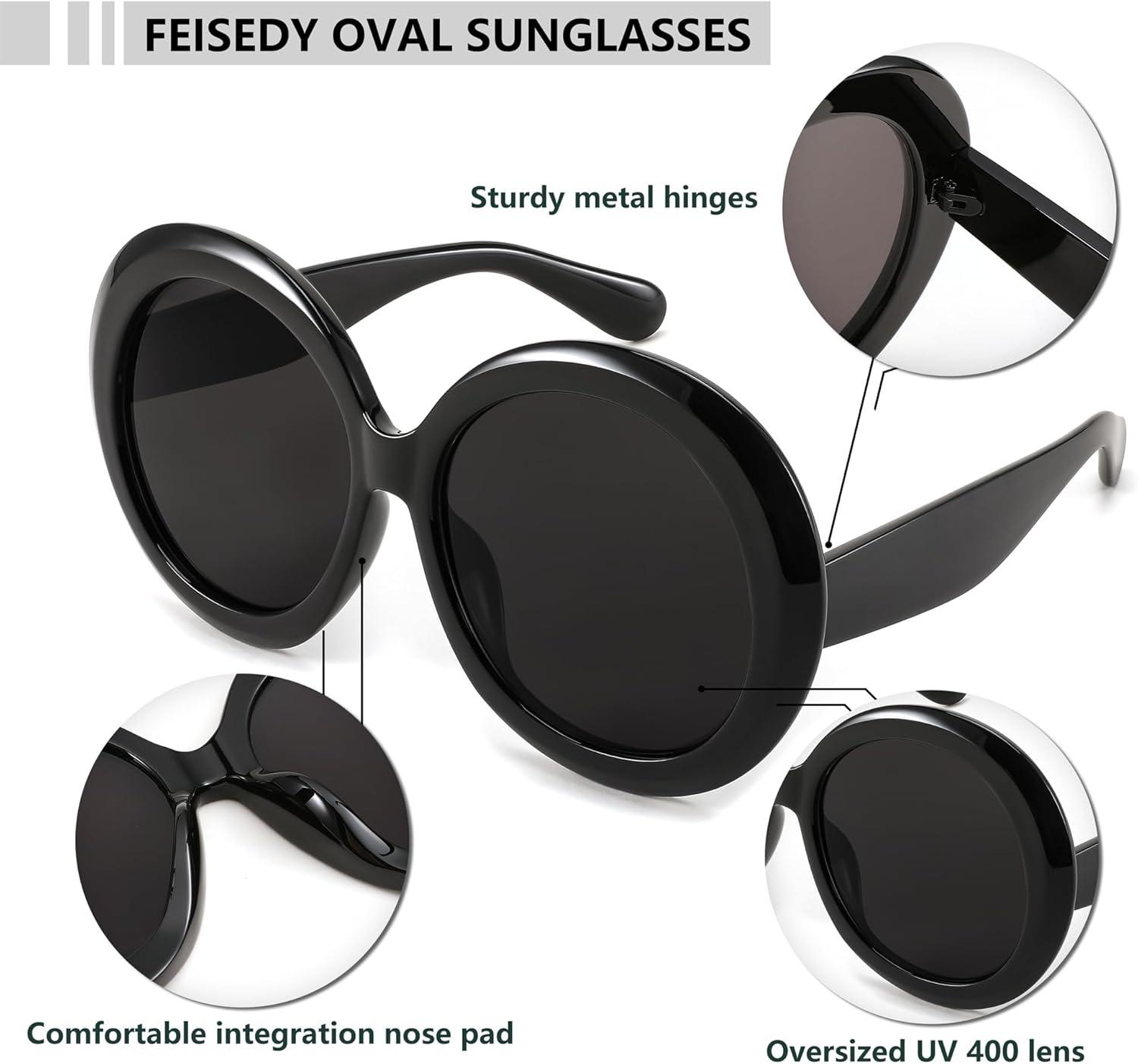 image:imageFEISEDY Oval Oversized Trendy Sunglasses Women Men Stylish Retro Big Frame Vacation Sun Glasees UV400 Protection B0017006black