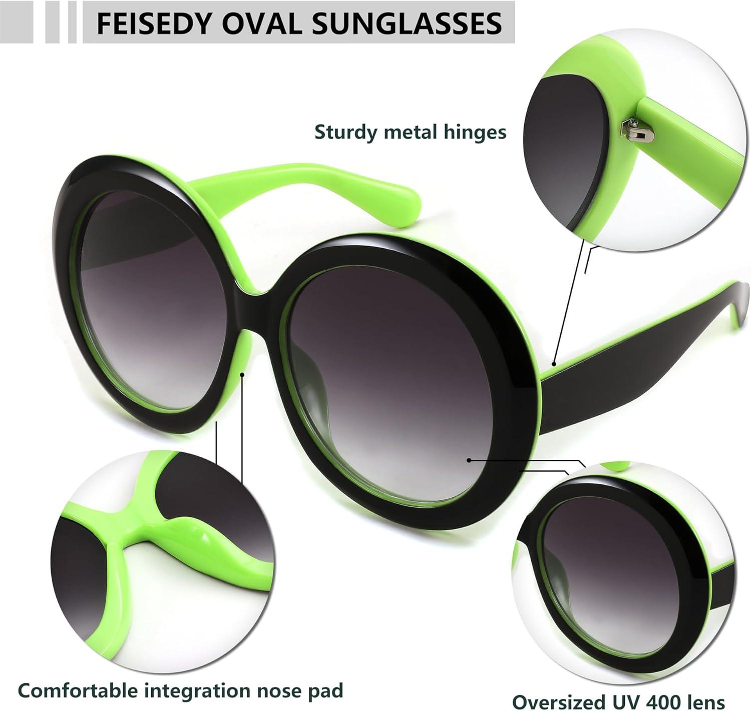 image:imageFEISEDY Oval Oversized Trendy Sunglasses Women Men Stylish Retro Big Frame Vacation Sun Glasees UV400 Protection B0017008black Green