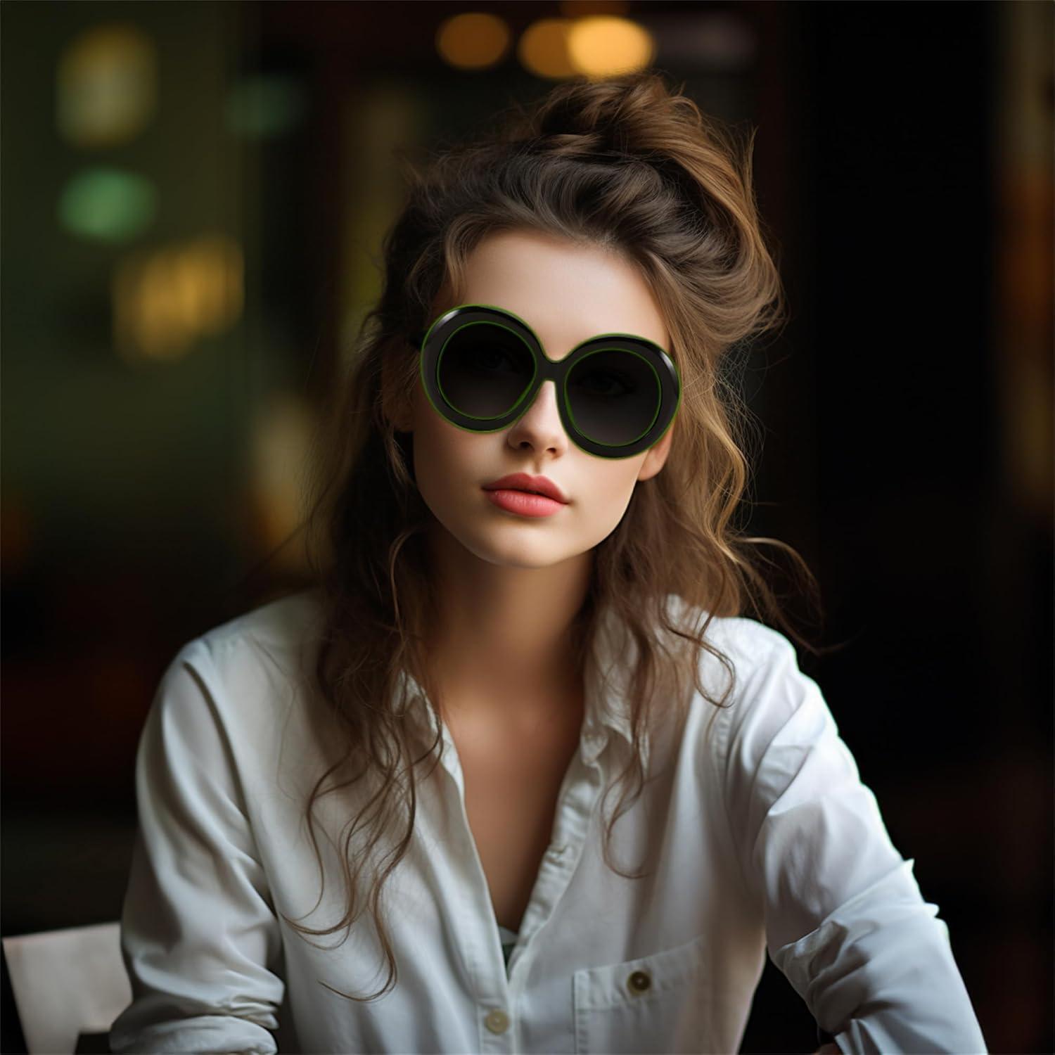 image:imageFEISEDY Oval Oversized Trendy Sunglasses Women Men Stylish Retro Big Frame Vacation Sun Glasees UV400 Protection B0017008black Green