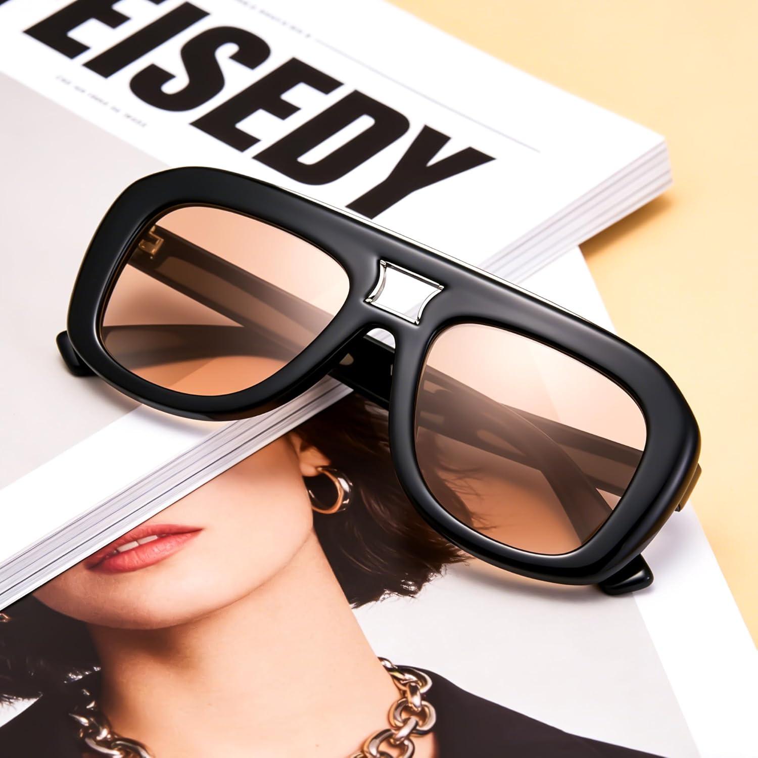 image:imageFEISEDY Trendy Oversized Aviator Sunglasses for Women Men Retro Thick Big Frame Square Pilot Sunnies B9181Blackbrown