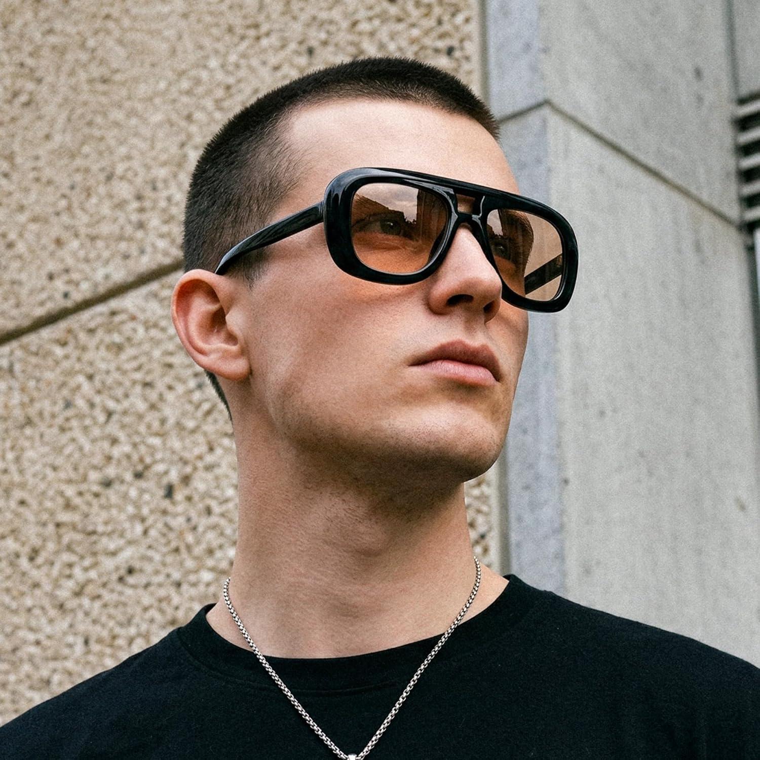image:imageFEISEDY Trendy Oversized Aviator Sunglasses for Women Men Retro Thick Big Frame Square Pilot Sunnies B9181Blackbrown