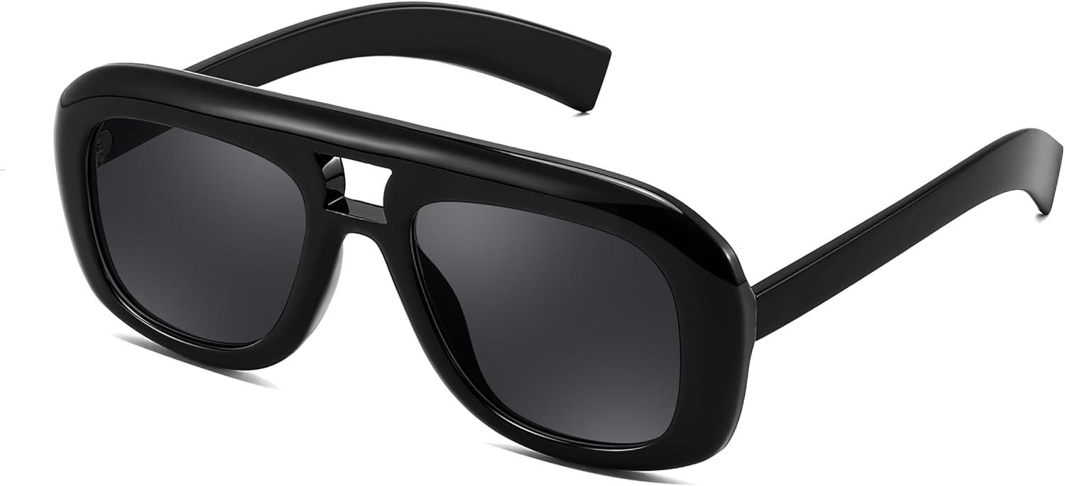 image:imageFEISEDY Trendy Oversized Aviator Sunglasses for Women Men Retro Thick Big Frame Square Pilot Sunnies B9181Blackgray