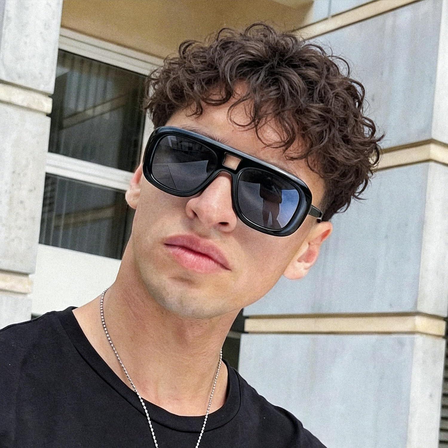 image:imageFEISEDY Trendy Oversized Aviator Sunglasses for Women Men Retro Thick Big Frame Square Pilot Sunnies B9181Blackgray