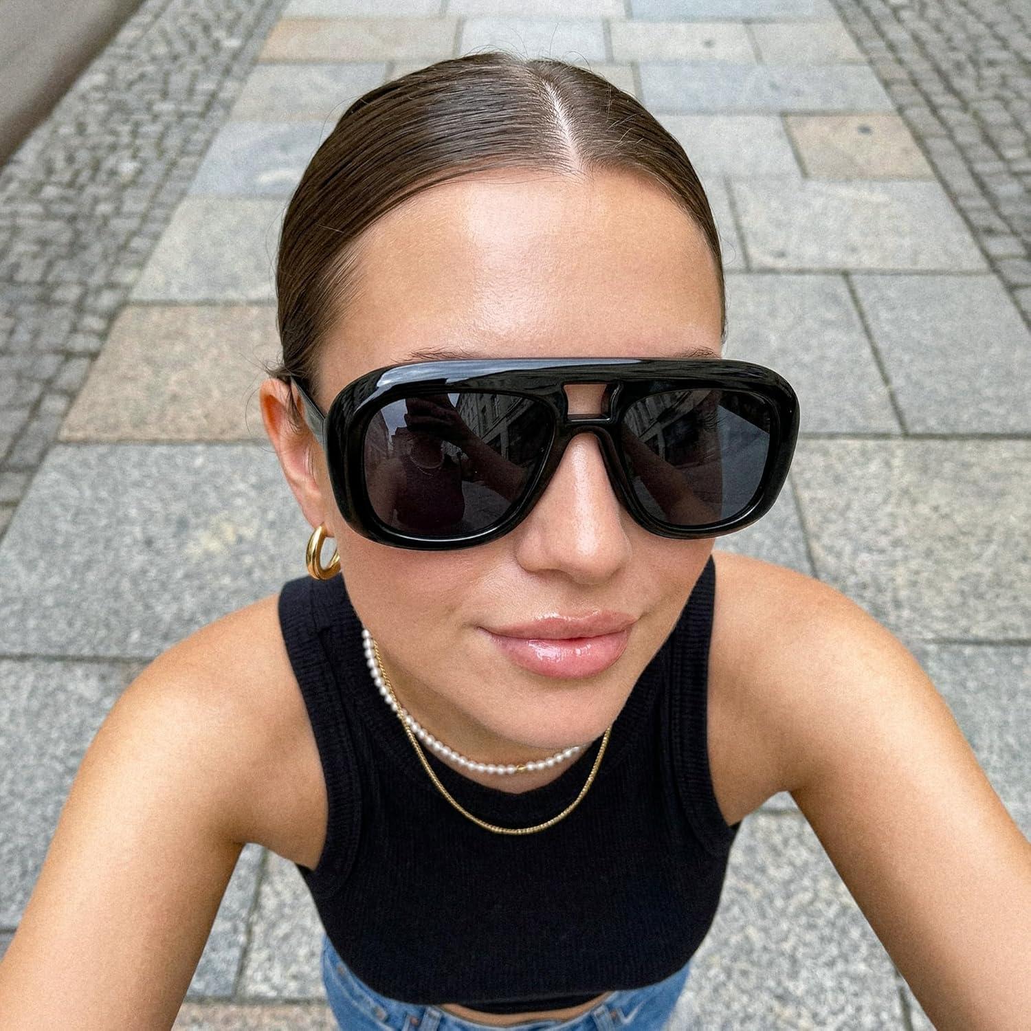 image:imageFEISEDY Trendy Oversized Aviator Sunglasses for Women Men Retro Thick Big Frame Square Pilot Sunnies B9181Blackgray