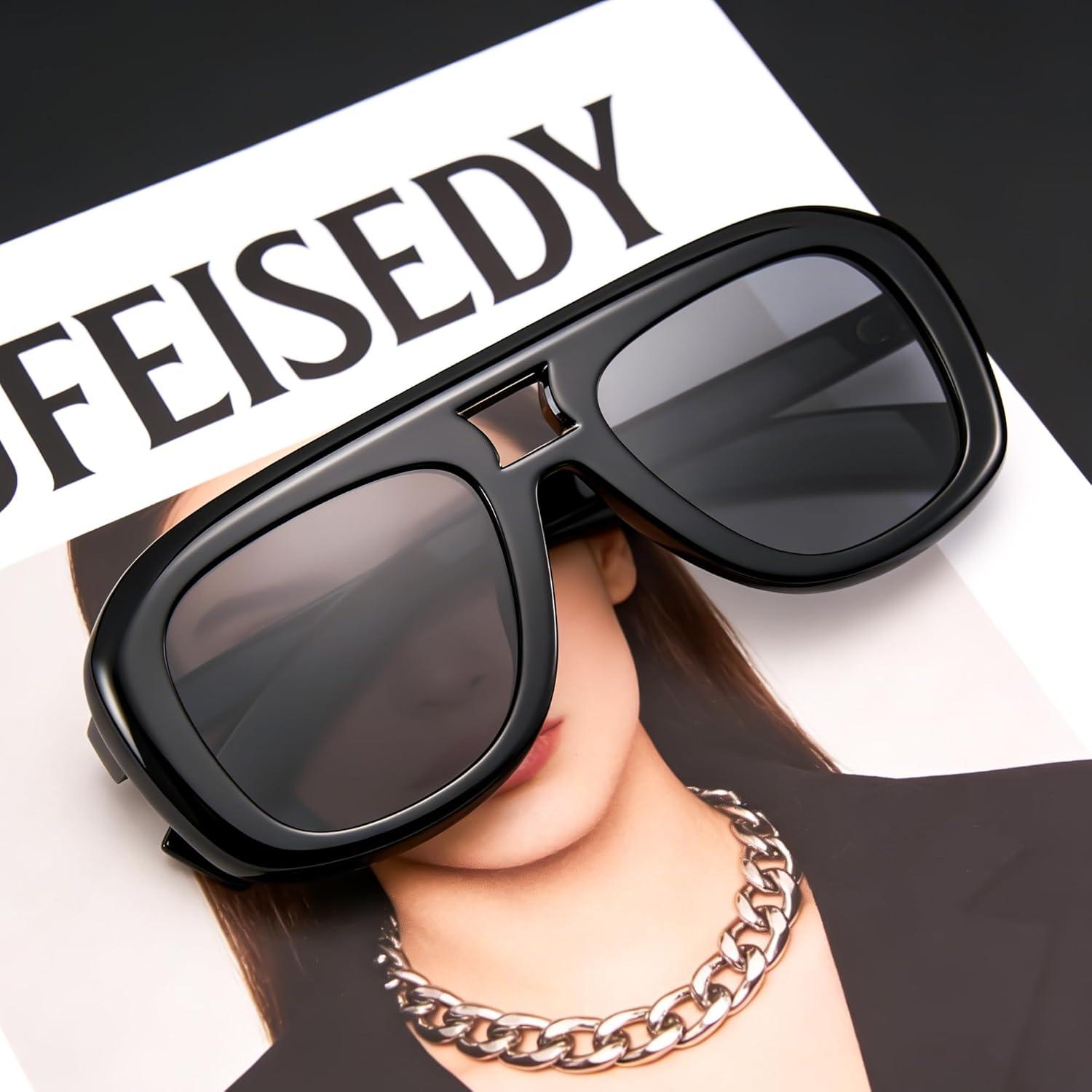 image:imageFEISEDY Trendy Oversized Aviator Sunglasses for Women Men Retro Thick Big Frame Square Pilot Sunnies B9181Blackgray