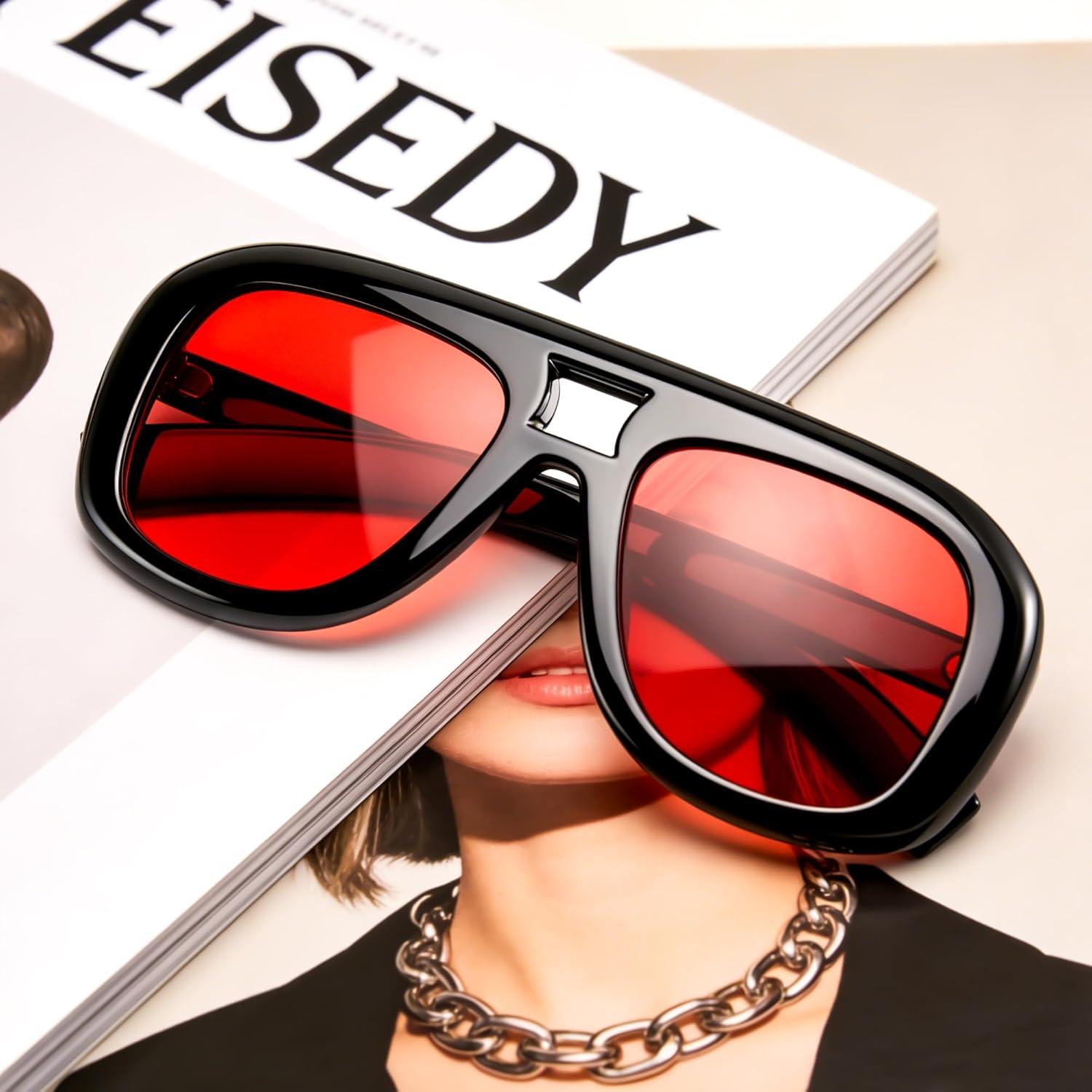 image:imageFEISEDY Trendy Oversized Aviator Sunglasses for Women Men Retro Thick Big Frame Square Pilot Sunnies B9181Blackred