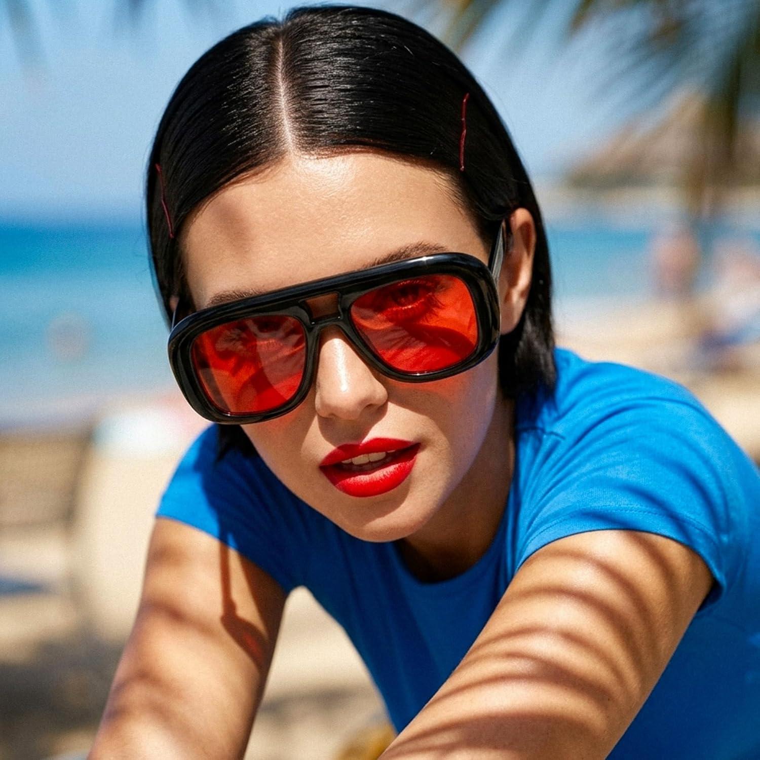 image:imageFEISEDY Trendy Oversized Aviator Sunglasses for Women Men Retro Thick Big Frame Square Pilot Sunnies B9181Blackred