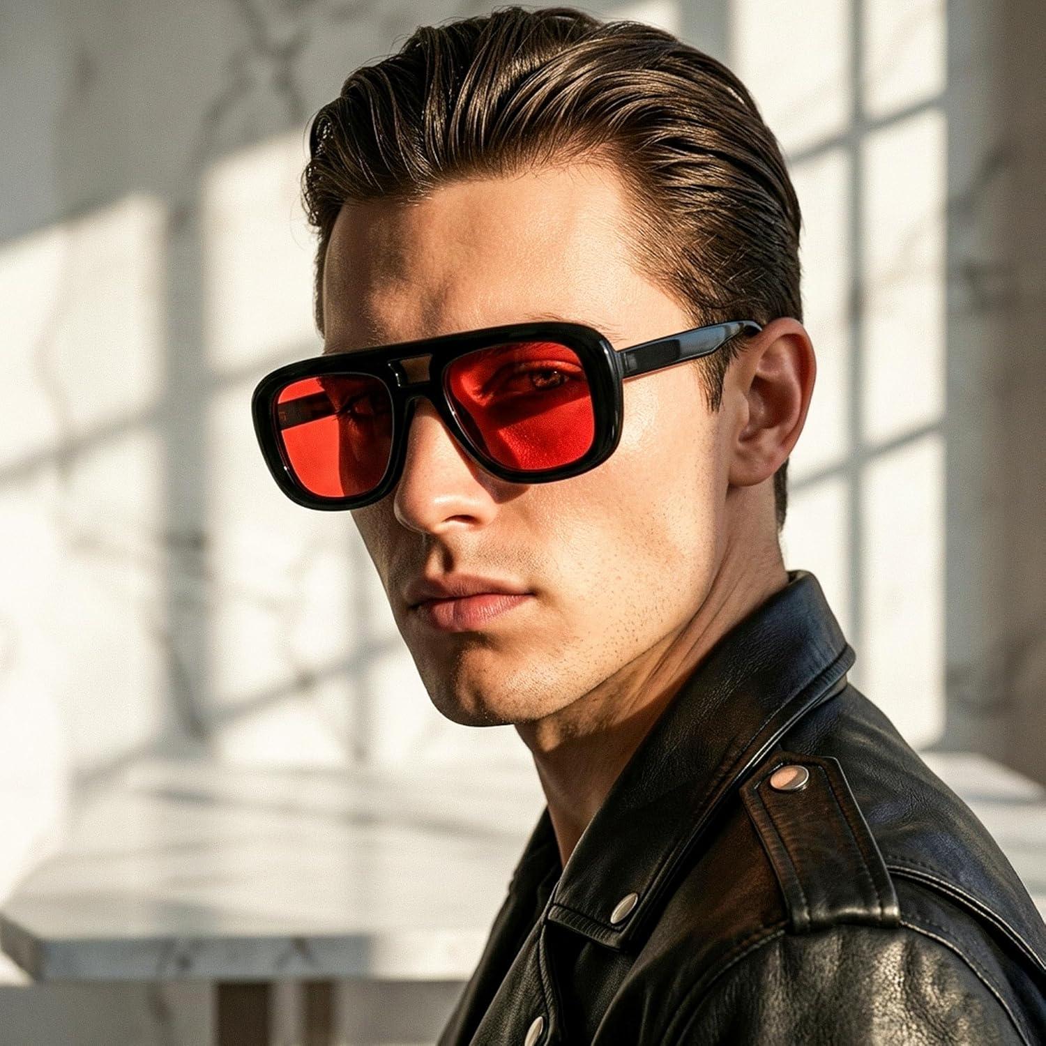image:imageFEISEDY Trendy Oversized Aviator Sunglasses for Women Men Retro Thick Big Frame Square Pilot Sunnies B9181Blackred